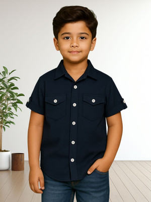 FASHION GRAB Boys Self Design Casual Dark Blue Shirt