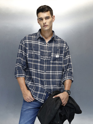 WROGN Men Checkered Casual Blue Shirt