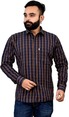 Shreyash Textiles Fab Men Checkered Casual Blue, Brown Shirt