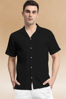 A DEEMOON TREND Men Striped, Self Design, Solid Casual Black Shirt