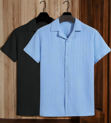 FUBACK Men Striped Casual Beige Shirt(Pack of 2)