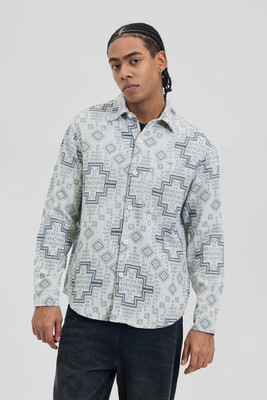 Snitch Men Geometric Print Casual Light Blue Shirt