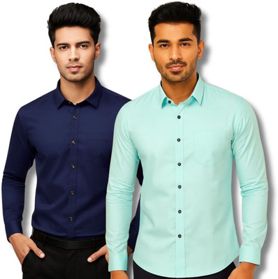 ClothTheory Men Solid Casual Dark Blue, Light Blue Shirt(Pack of 2)