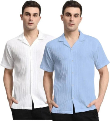 METRONAUT Men Self Design Casual White, Light Blue Shirt(Pack of 2)