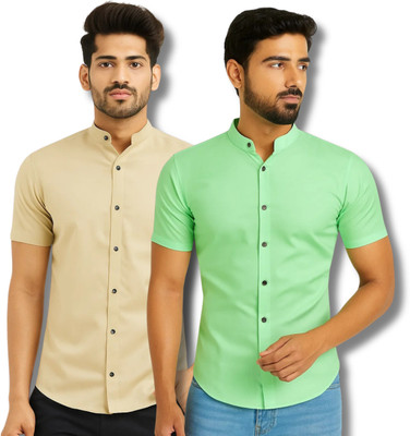 GOD HEART Men Solid Casual Beige, Light Green Shirt(Pack of 2)