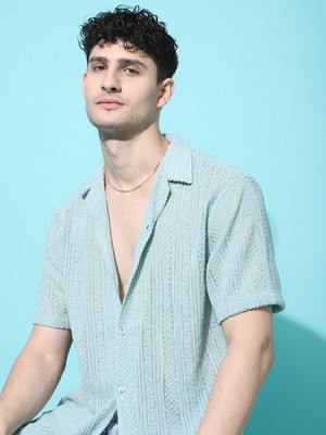 Voroxy Men Self Design Casual Green Shirt
