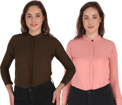 SHANAYA MODA Women Solid Casual Dark Green, Pink Shirt(Pack of 2)