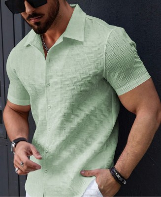 Kesar Collection Men Embellished, Striped, Self Design Casual Light Green Shirt