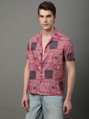 Voroxy Men Printed Casual Pink Shirt