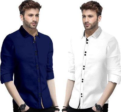 P & V Creations Men Solid Casual Dark Blue, White Shirt(Pack of 2)