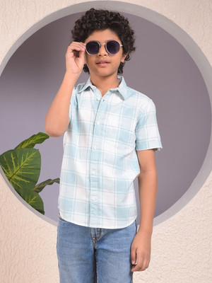 CRIMSOUNE CLUB Boys Checkered Casual Blue, White Shirt