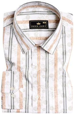 french crown Men Striped Casual White, Grey, Orange Shirt