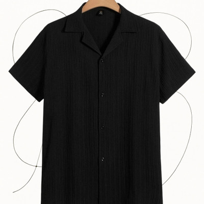 A DEEMOON TREND Men Self Design Casual Black Shirt