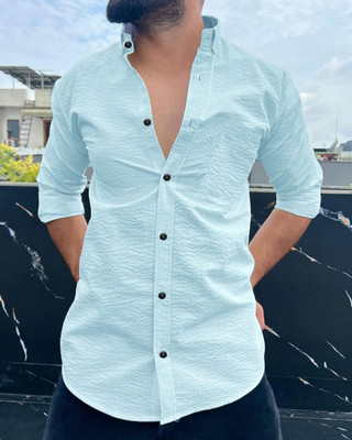 QSHOPQ Men Self Design Casual Light Blue Shirt