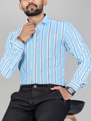 MILDIN Men Striped Casual Light Blue Shirt