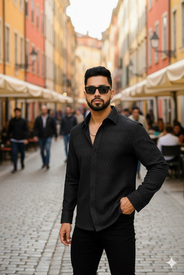 Crivion Men Self Design Casual Black Shirt