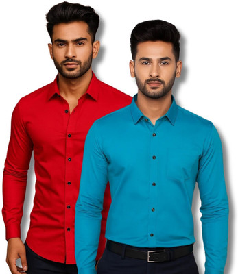 EchoWear Men Solid Casual Red, Blue Shirt(Pack of 2)