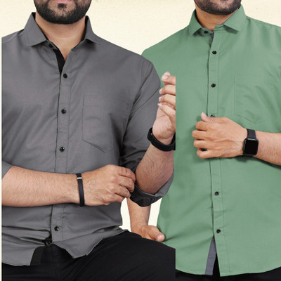 BROWEARS Men Solid Casual Grey, Green Shirt(Pack of 2)