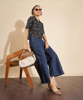 HERE&NOW Women Printed Casual Black Shirt
