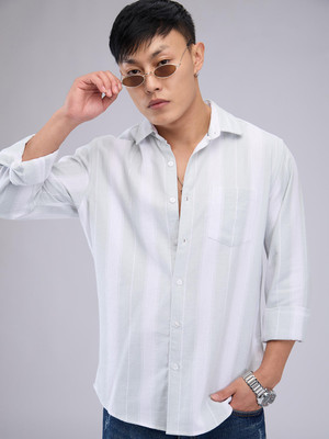 VASTRADO Men Striped Casual White, Green Shirt