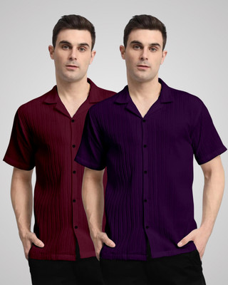VK Couture Men Self Design, Striped Casual Maroon, Purple Shirt(Pack of 2)