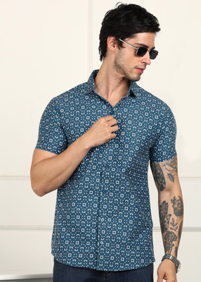 HNJ Men Geometric Print Casual Dark Blue Shirt
