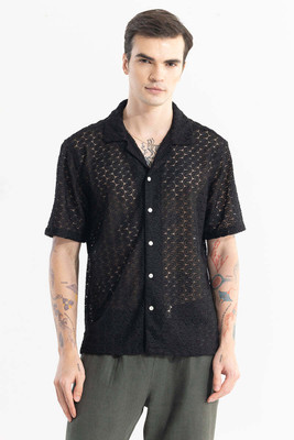Snitch Men Self Design Casual Black Shirt