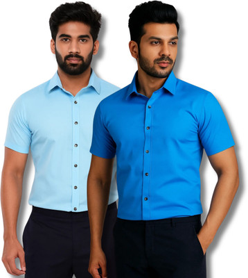 RAREMARK Men Self Design Formal Blue Shirt(Pack of 2)