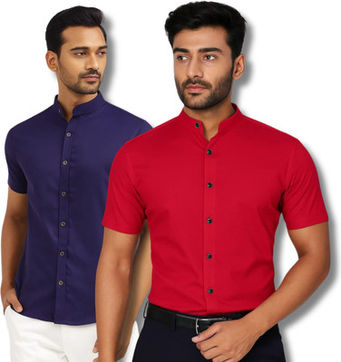 RANGFIT Men Solid Casual Dark Blue, Red Shirt(Pack of 2)