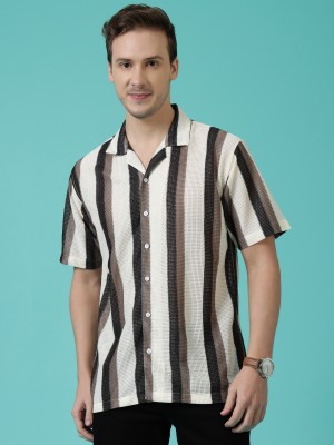 DL Fashion Men Striped, Printed, Self Design Casual Brown Shirt