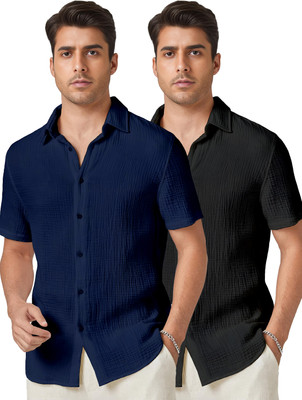 Webric Men Self Design Casual Dark Blue, Black Shirt(Pack of 2)
