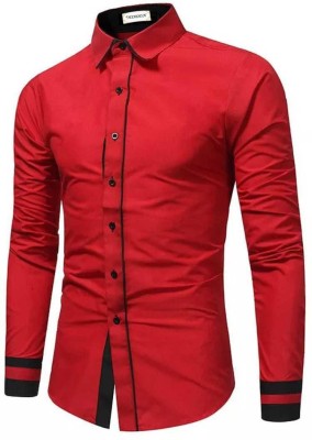 DEEMOON Men Striped Casual Red Shirt