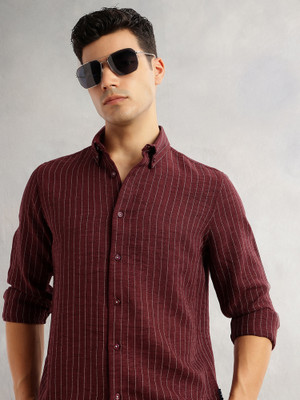 THOMAS SCOTT Men Striped Casual Maroon Shirt