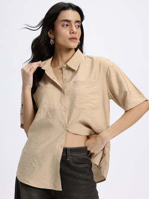 Glitchez Women Solid Casual Beige Shirt