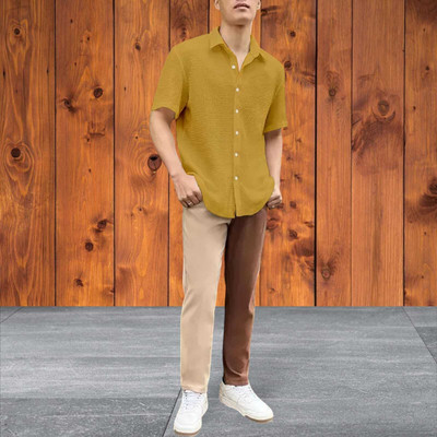 shiventer Men Self Design Casual Yellow Shirt