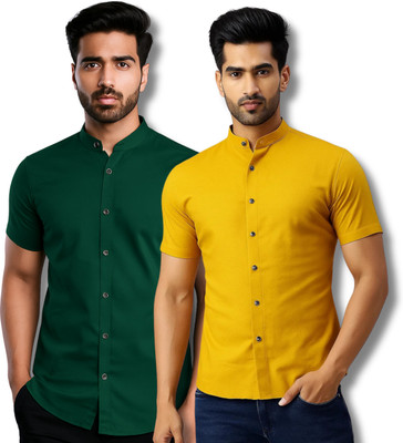 CROWNTAIL Men Solid Casual Green, Yellow Shirt(Pack of 2)