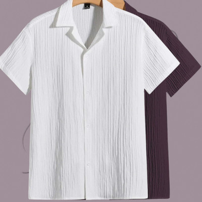 Looksky Men Self Design Casual White, Purple Shirt