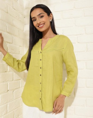 Fabindia Women Solid Casual Green Shirt