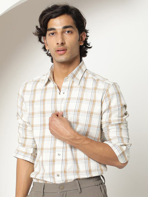 RARE RABBIT Men Checkered Casual Yellow Shirt