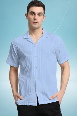 A DEEMOON TREND Men Self Design Casual Light Blue Shirt