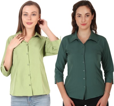 Hunoor Women Solid Casual Light Green, Dark Green Shirt(Pack of 2)