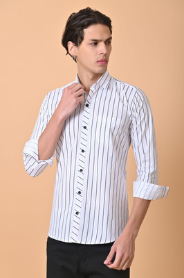 Lee Cross Men Striped Casual White, Black Shirt
