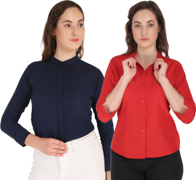 Mamnoon Women Solid Formal Dark Blue, Red Shirt(Pack of 2)