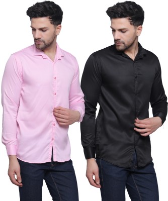 FILNECH Men Solid Casual Pink, Black Shirt(Pack of 2)