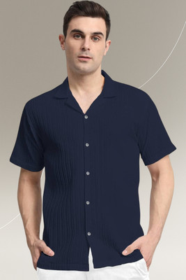 A Dearise Trend Men Striped Casual Dark Blue Shirt