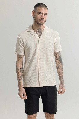 Snitch Men Solid Casual Cream, Brown Shirt