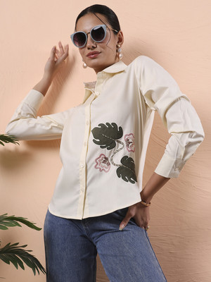 fithub Women Printed Casual Cream Shirt