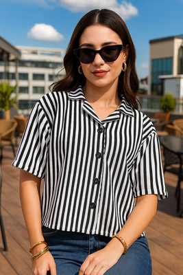 Dressberry Women Striped Casual Black Shirt
