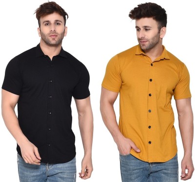 Money Leaf Men Solid Casual Gold, Black Shirt(Pack of 2)