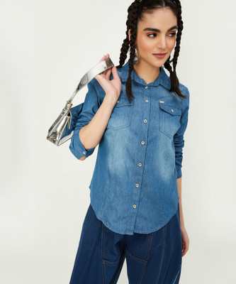 MAX Women Washed Casual Blue Shirt